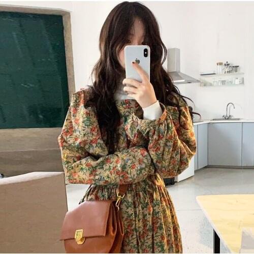 WHCW CGDSR print floral a-line loose woman elegant vintage autumn winter 2020 dress women party dresses korean style long sleeve