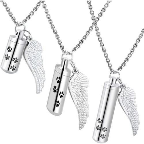 Pet Cremation Jewelry Dog Paw Urn Necklace for Ashes with Angel Wing Charm & Cylinder Eternity Stainless Steel Ashes Necklace