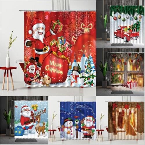 Merry Christmas Game Shower Curtains Santa Claus Snowman Elk Fireplace Cute Cat Home Bathroom Supplies Polyester Bath Partition