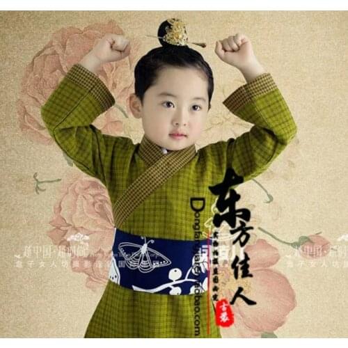 BaiLi TuShu Green Boys Costume for Swordman Childrens Day Performance Costume Full set including Hair Piece