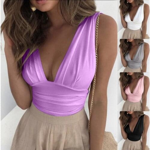 Womens Tank Crop Top Summer Casual Solid V-neck Sleeveless Fold Vest Splice Fit Short Tops Backless Bodycon Clubwear Blusas Tank