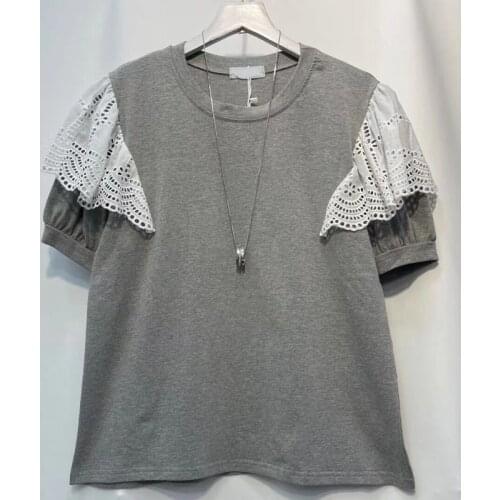 2021 Summer New Double Shoulder Lace Splicing Loose Short Sleeve O Neck T-shirt Female Flying Sleeve Tops U088