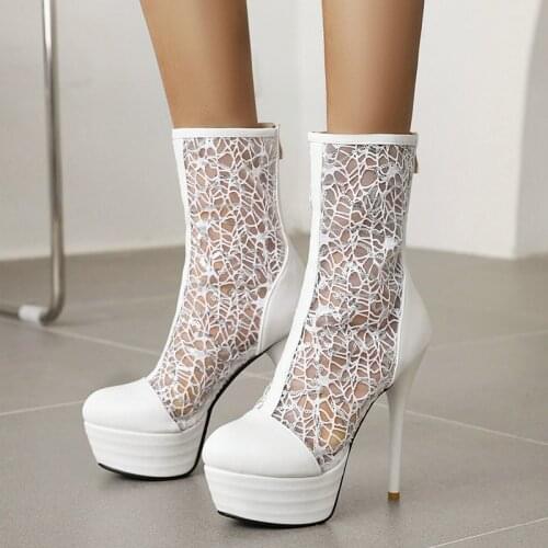2021 New Summer Breathable Mesh Boots Women Platform Thin High Heel Ankle Boots Sexy Hollow Zipper Lady Shoes Black White