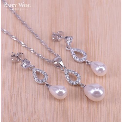 Women Costume Freshwater Natural Pearl Silver Color Jewelry Sets White Zircon Pendant&Necklace Earrings Gift Box