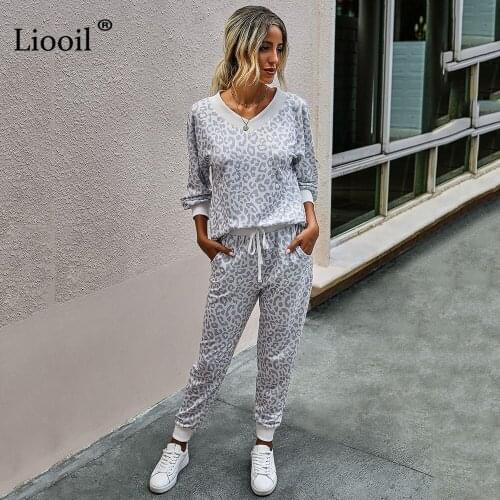 Liooil Casual Leopard Print Two Piece Set Pullover And Pants Women 2020 Long Sleeve V Neck with Pockets Tie Dye Loose Women 2pcs