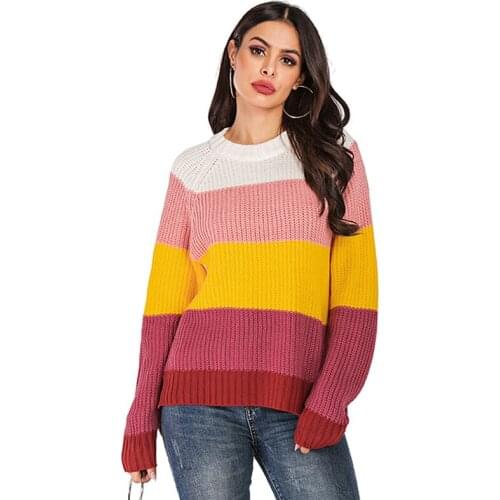 Womens Contrast Stripe Sweater Autumn Winter Female Long Sleeve Fashion Loose Knitted Pullover Shirts Ladies Jumper Tops