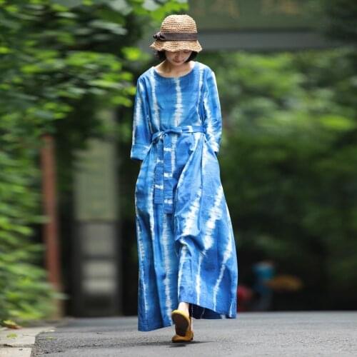 Women Loose Robes Printed Dress Female Gradient Color Dress Ladies Retro Cotton Linen Dress 2019 Autumn Spring