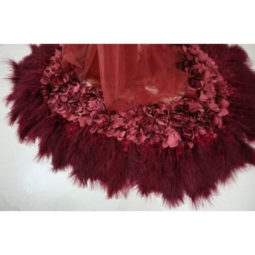 1 yard beautiful bridal lace fabric with 3D floral and feathers, dark red 3D floral fabric for costumes accessories