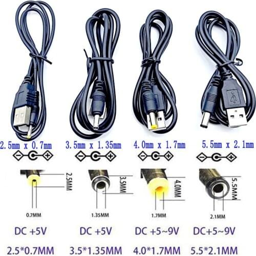 2PCS/lot USB 2.0 to DC Power Connector Adapter Cable 2.5*0.7 3.5*1.35 4.0*1.7 5.5*2.1mm USB Charging Cable Line Connector