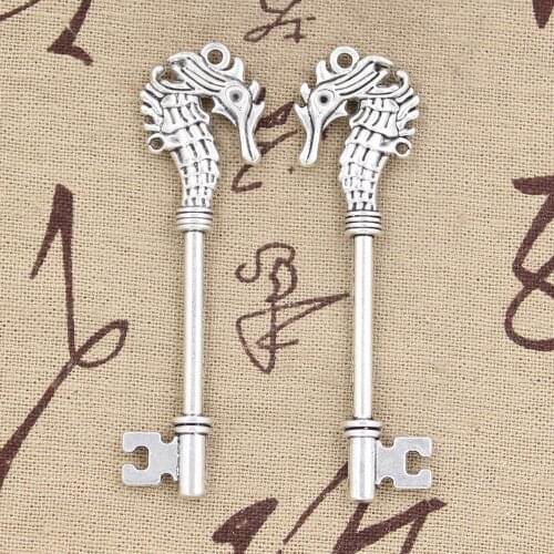 4pcs Charms Hippocampus Vintage Skeleton Key 72x20mm Antique Bronze Silver Color Pendants Making DIY Handmade Tibetan Jewelry