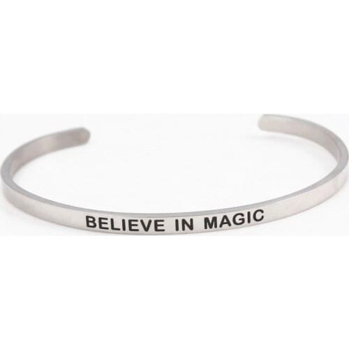 4MM "BELIEVE IN MAGIC" Inspirational Quote Cuff Bracelet Stainless Steel Bracelet Personalised Mantra Bangles for Women Jewelry