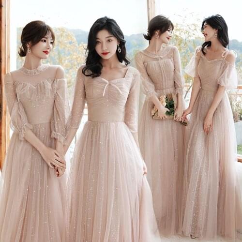 New Sequined Pink Long Bridesmaid Dress With Sleeves Lace Ruffles Mismatched Korean Style dresses for women elegant wedding