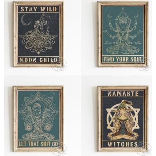 Namaste Yoga Witches Art Prints Poster, Moon Child Yoga Movement Wall Decor, Inspirational Quotes Vintage Flower Wall Picture