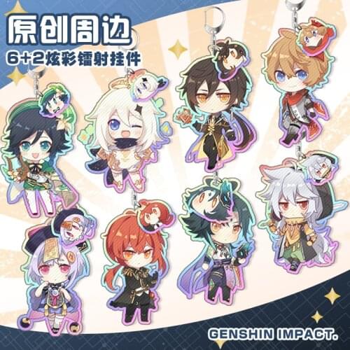 Game Genshin Impact Venti Zhongli Xiao Albedo Diluc Colorful Keychain Double-Sided Acrylic Keyring Cartoon Pendant Cosplay