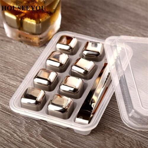 HOUSEEYOU 4/6/8 PCS Stainless Steel 304 Whisky Stones Ice Cubes in Package Whiskey Cooler Rock Ice Stone with Plastic Box Pack