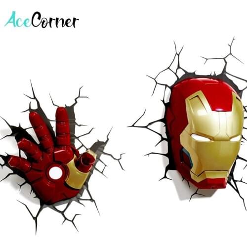 Acecorner Iron Man Face Hand 3D Creative Wall Lamp LED Night Light Avengers Marvel Bedroom Living Room Boys Kids Christmas Gift