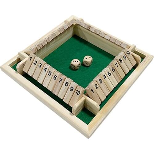 Fashion Indoor Shut The Box Dice Board Game 4 Sided 10 Number Wooden Flaps & Dices Game Set for 4 Person Pub Bar Party Supplies