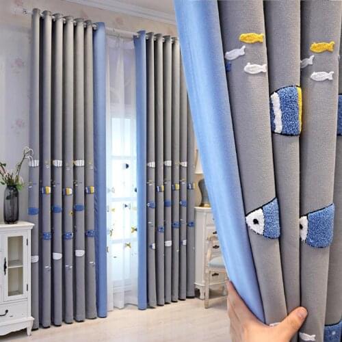 Nordic Curtains Blackout Children Room Boys And Girls For Bedroom Living Room Cartoon Embroidery Fish Stitching Customization