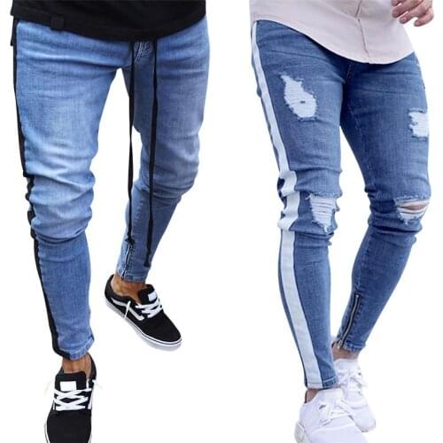2018 New Ripped Jeans For Men Slim Biker Zipper Denim Jeans Skinny Frayed Pants Distressed Rip Trousers Blue Striped Jeans
