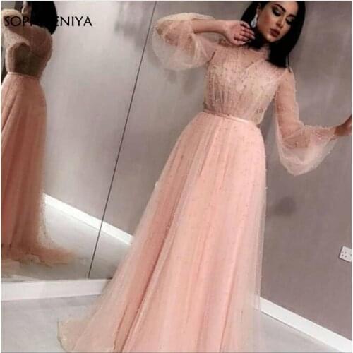New Arrival Tulle dress Pink Long sleeve evening dresses 2021 Pearls Beaded Evening gowns Dubai Arabic muslim evening dress