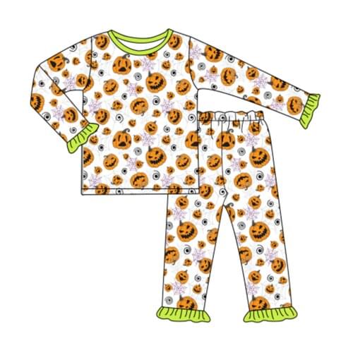 2021 New Style Pure Cotton Baby Girls Pajamas Pumpkin Print Long Sleeve Cuffs With Lace And Trousers Children Clothing