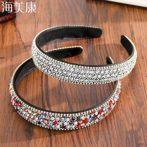 Haimeikang Close-set Crystal Colorful Baroque Hairband Non-slip Inside Rhinestone Headband Gorgeous Turban Bridal Hair Accessory