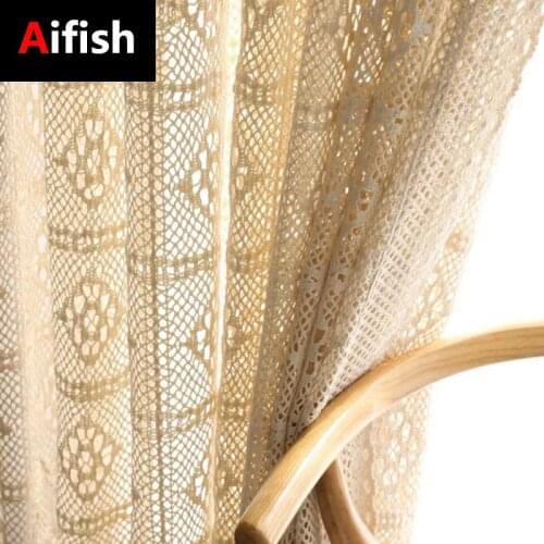 Retro Beige Crochet Lace Hollow Cotton Linen Flower Sheer Curtain For Living Room American Rustic White Handmade Curtain Tulle 4