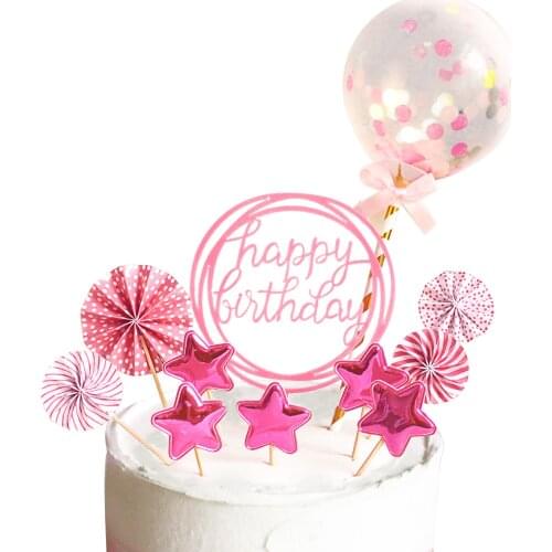 Rose Gold Happy Birthday Cake Toppers Set Pink Star Paper Fan Balloons Cake Decor Happy Birthday Party Decor Kids Girls Adults