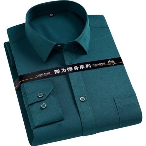 Mens Strech Solid Dress Shirt Anti-Wrinkle Long Sleeve Plain Casual Shirts Male Regular Fit Non-iron Easy Care Work Clothes Man