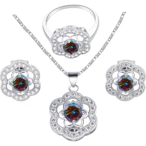 ROLILASON high quality flower shape 925 silver crystal zircon pendant earrings ring set jewelry size fashion party trendy JS557
