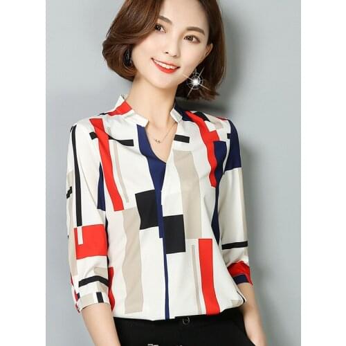 Chiffon Shirt Women Spring New Korean Slim Blouses Female Three Quarter Sleeve Plaid Printing Causal Bottom Shirts Top H9092