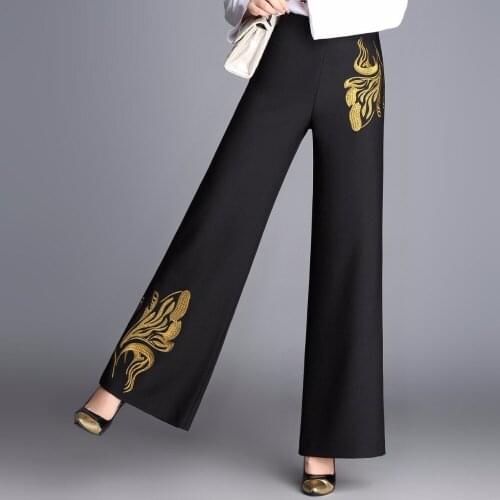 Wide-leg pants in the elderly fashion womens large-size loose high waist casual embroidery wide leg pants