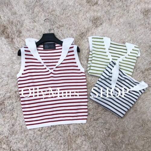 Striped contrast color sleeveless top youth navy collar letter shawl sweater top silk blend pullover