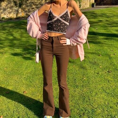 Vintage Y2K Brown Flare Pants Women Summer Harajuku Stretch Streetwear Pants High Waist Skinny Cotton Casual Trousers Fashion