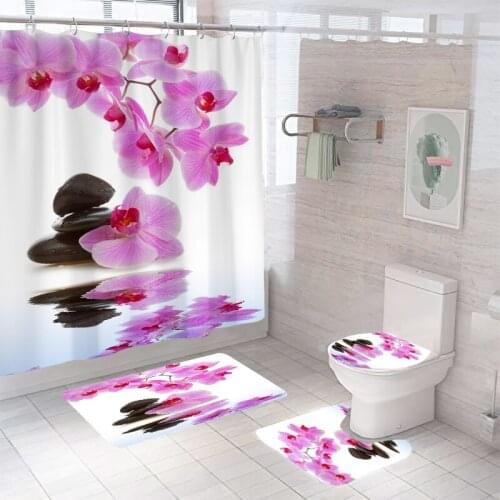 Waterproof Bathroom Shower Curtain Flower Toilet Cover Non-Slip Bath Mat Rug Carpet Set Polyester Fabric Washable Home Decor