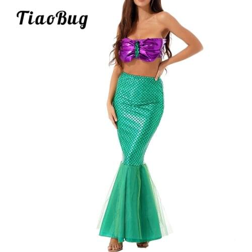 Women Adults Sexy Mermaid Cosplay Costume Halloween Roleplay Outfit Wet Look Shiny Crop Top with Mini Bodycon Skirt
