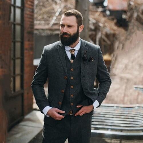 Winter Grey Tweed Wool Blends 3 Pieces Set Single Breasted Blazers Terno Masculino Handsome Mens Suits For Wedding Groomsman