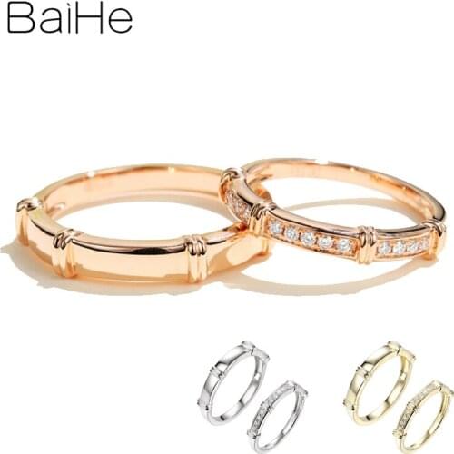 BAIHE Solid 14K Rose Gold H/SI Total 0.13ct Natural Diamonds Wedding Band Trendy Fine Jewelry Men ring Female ring Couple ring