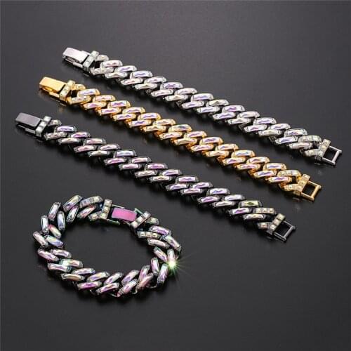 Free Shipping Miami Cuban Bling Iced Out Full Crystal Pave Mens Bracelet Quenching Colorful Chain Bracelets Hip Hop Jewelry