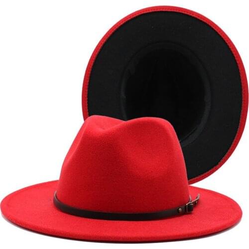 Black Red Patchwork Wool Felt Jazz Fedora Hats Belt Buckle Decor Women Unisex Wide Brim Panama Party Trilby Cowboy Cap 56-61cm