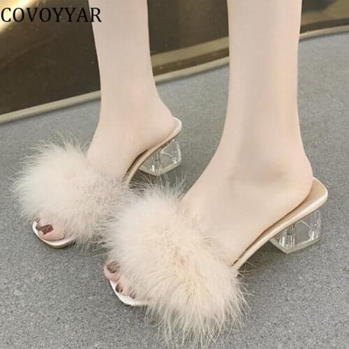 COVOYYAR Fluffy Womens Slippers Fur Shoes Women Mules White Slides Open Toe Thick Clear Heel Women Sandals Casual Shoes WSL247