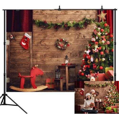 Lyavshi Christmas tree photo background gifts Toy horse Wooden wall socks decoration photography backdrops studio props