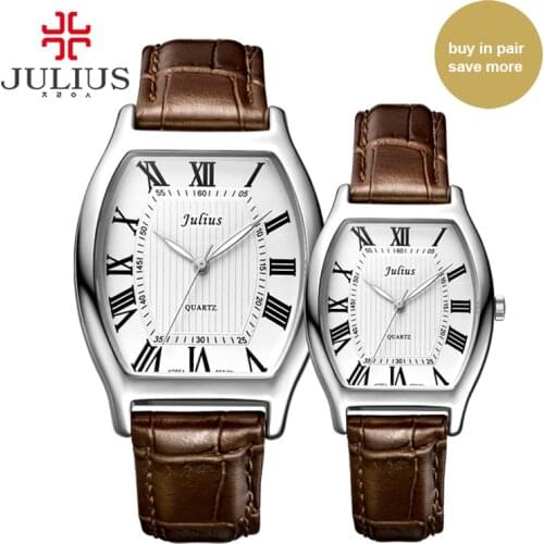 Julius JA-703 Lover Couples Watch Classic Roman Numbers Pair Watches for Valentines Gift Tonneau Shape Leather Strap Watch Uhr