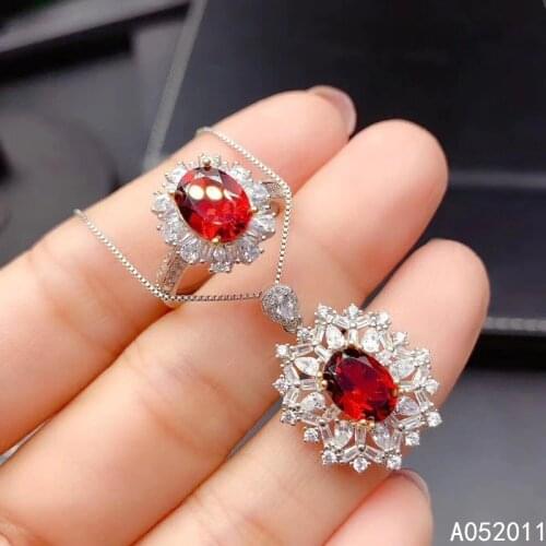KJJEAXCMY fine jewelry natural garnet 925 sterling silver classic girl gemstone pendant necklace chain ring suit support test
