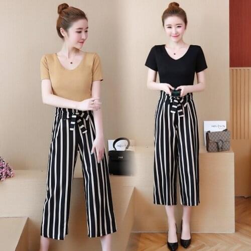 2pc/1set Korean Fashion Elegant Women Short Sleeve Shirt + Ankle Length Pants Jumpsuit Office Lady Wear Womens Jumpsuit