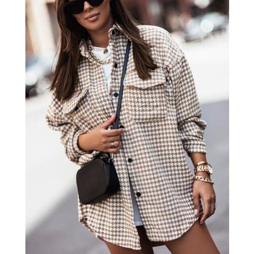 Puloru 2021 Autumn Women Houndstooth Pattern Coats Casual Fashion Long Sleeve Lapel Single-breasted Outerwear with Pockets