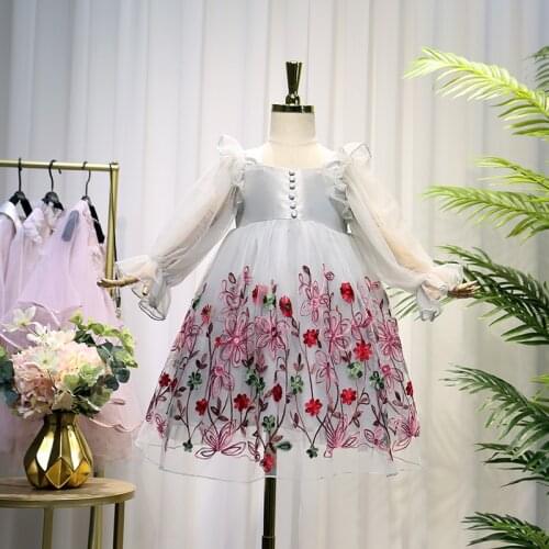 Girls Princess Dress Flowers Embroidery Kids Clothes Lantern Sleeve Dresses For Girls Princess Costume 4-9Y