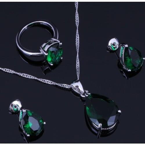 Stunning Water Drop Green Cubic Zirconia Silver Plated Jewelry Sets Earrings Pendant Chain Ring V0961