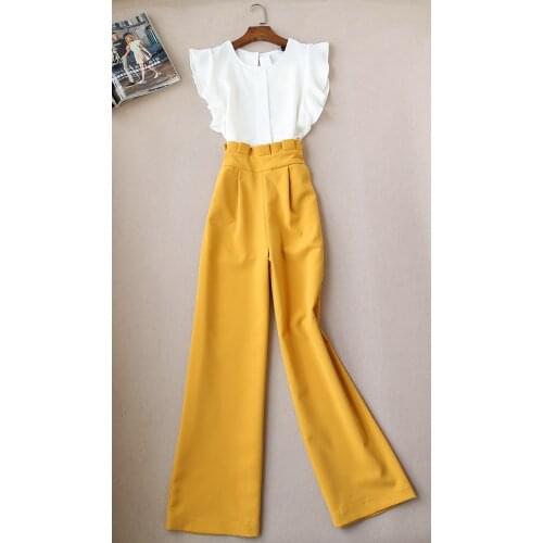Spring NEW Chic Ruffled Chiffon Top and High Waist Wide Leg Yellow Pants Work or Casual Clothing Set