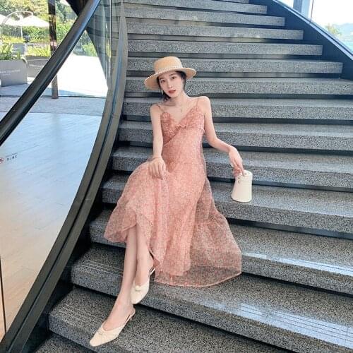 Chiffon Sleeveless Floral Dress 2021 New Summer Beach Dress Organza Suspender Long Dresses Vestidos De Mujer Sukienka Pink